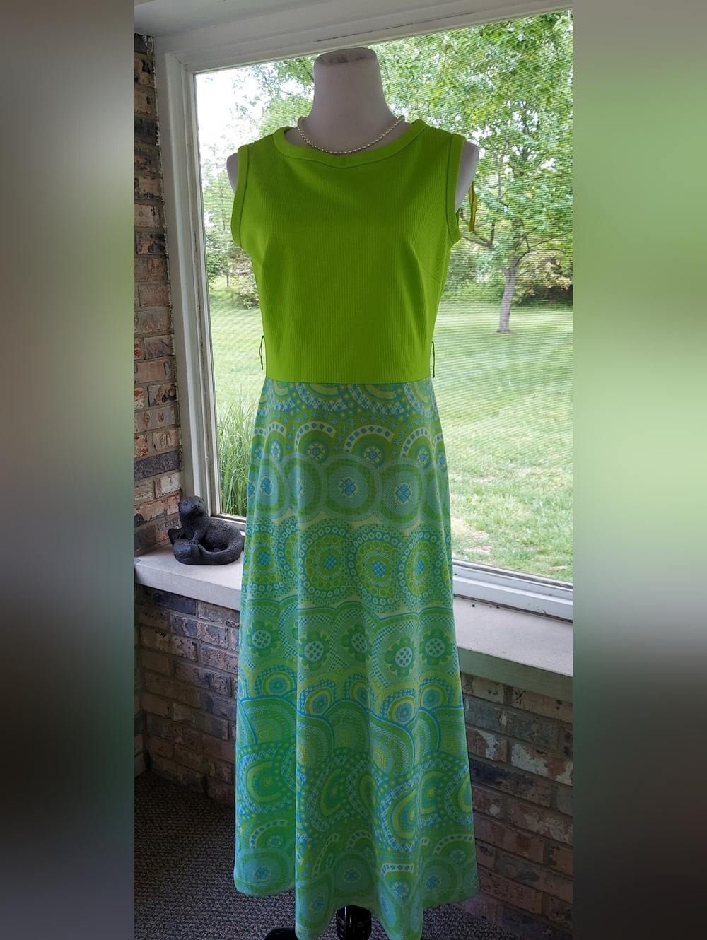 Vintage Kay Windsor Lime Green Sleeveless Maxi Dress with Patterned Skirt 60s ML